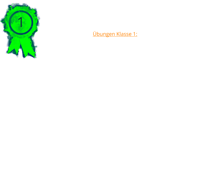 1 Übungen Klasse 1: 	1.	1 Minute sitzen in einer Gruppe, Hundeführer in Sicht des Hundes 	2.	Freifolge 	3.	Steh oder Sitz oder Platz aus der Bewegung 	4.	Abrufen 	5.	Voraussenden in ein Quadrat und Platz 	6.	Distanzkontrolle aus 5m 	7.	Apportieren und Sprung über eine Hürde 	8.	Um ein Pylonengruppe/Tonne schicken und zurückkehren 	9.	Gesamteindruck