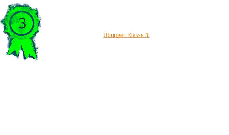 3 Übungen Klasse 3: 	1.	2 Minuten sitzen in einer gruppe, Hundeführer außer Sicht des Hundes 	2.	1 Minute liegen in einer Gruppe mit abrufen 	3.	Freifolge 	4.	Positionen aus der Bewegung 	5.	Abrufen mit Steh/Sitz/Platz 	6.	In ein Quadrat schicken mit Richtungsanweisung, Platz und abrufen 	7.	Apportieren auf Anweisung 	8.	Um eine Pylonengruppe schicken, Steh/Sitz/Platz, apportieren und springen 	9.	Geruchsidentifizierung und apportieren 	10.	Distanzkontrolle