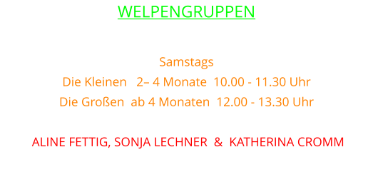 WELPENGRUPPEN  Samstags Die Kleinen   2– 4 Monate  10.00 - 11.30 Uhr Die Großen  ab 4 Monaten  12.00 - 13.30 Uhr betreuen  ALINE FETTIG, SONJA LECHNER  &  KATHERINA CROMM