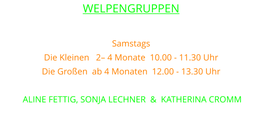 WELPENGRUPPEN  Samstags Die Kleinen   2– 4 Monate  10.00 - 11.30 Uhr Die Großen  ab 4 Monaten  12.00 - 13.30 Uhr betreuen  ALINE FETTIG, SONJA LECHNER  &  KATHERINA CROMM Mehr Infos auf unserer Welpenseite !!!